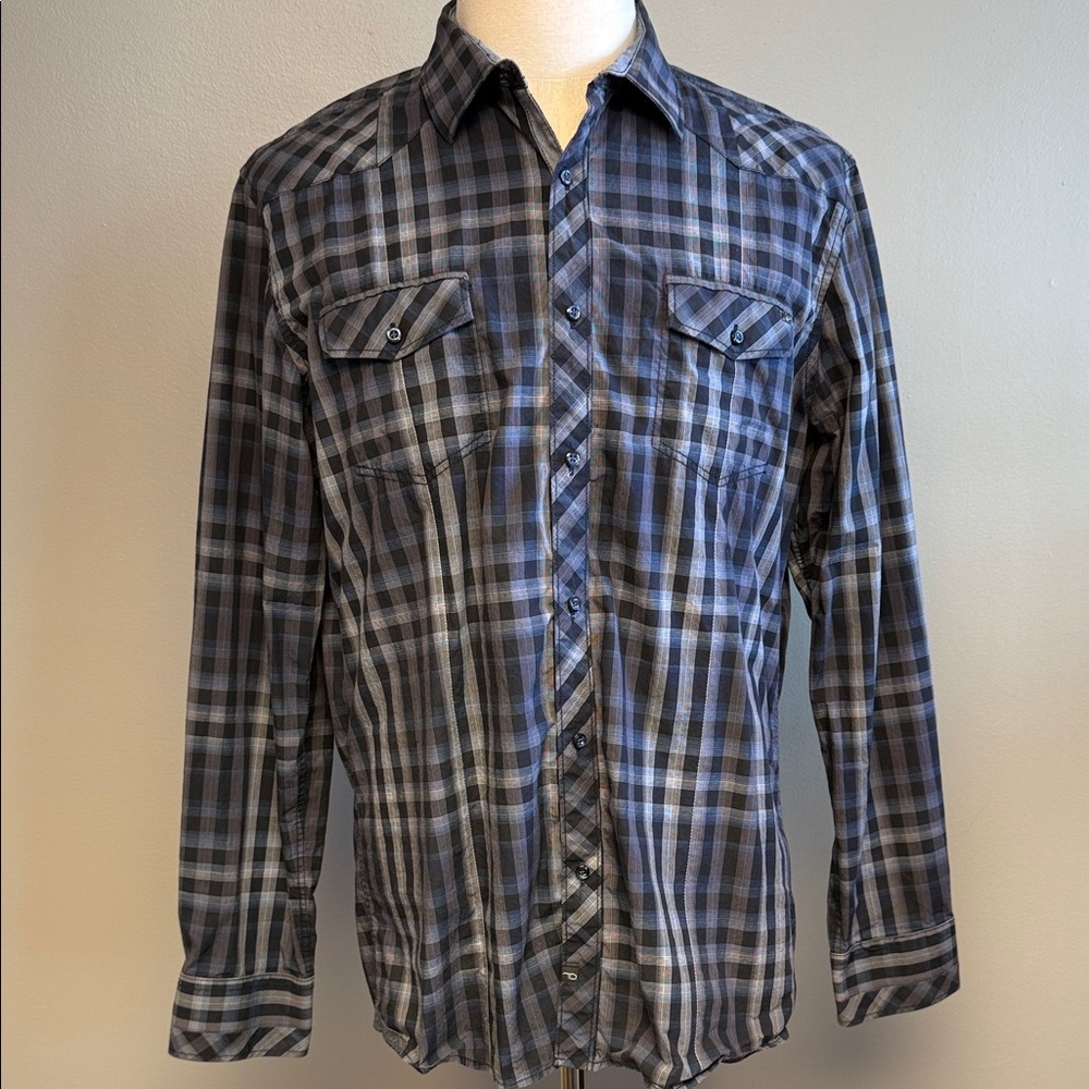 7 Diamonds Plaid Button Up Shirt XL 100% Cotton Blue Gray Casual